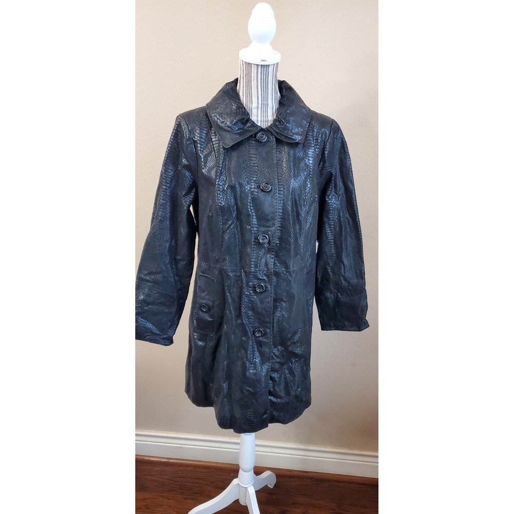 Bradley Bayou Women's Snake Print Leather Trench Coat in Black Size‎ M